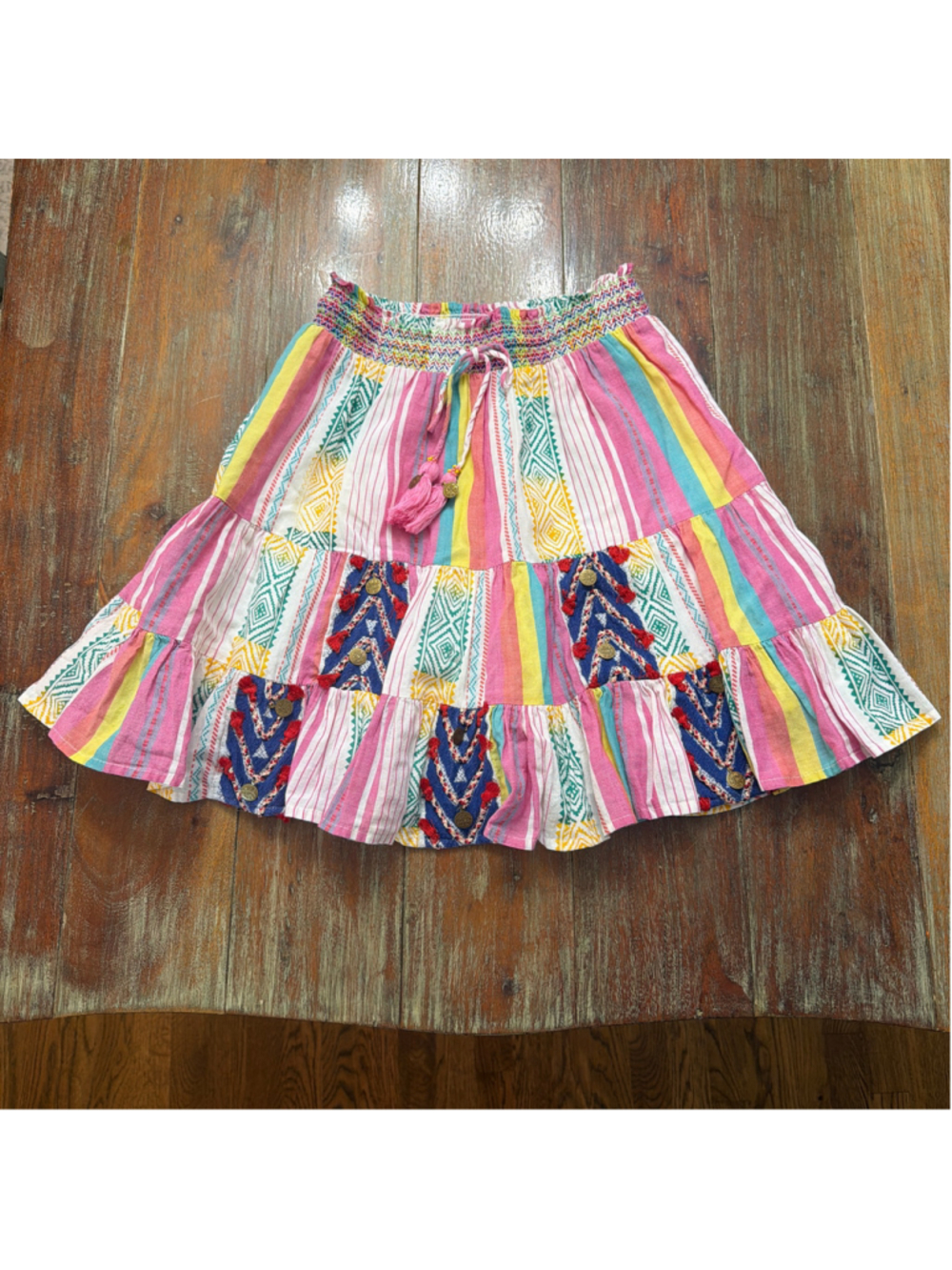 Verb by Pallavi Singhee Anthropologie Tiered Mini Skirt XS Boho Stripe Coin